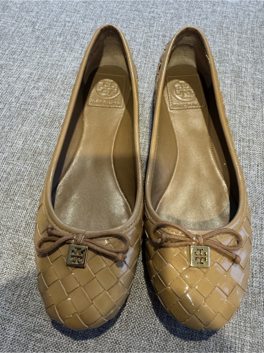 Tory Burch Women’s Tan Quilted Patent Leather Ballet Flats